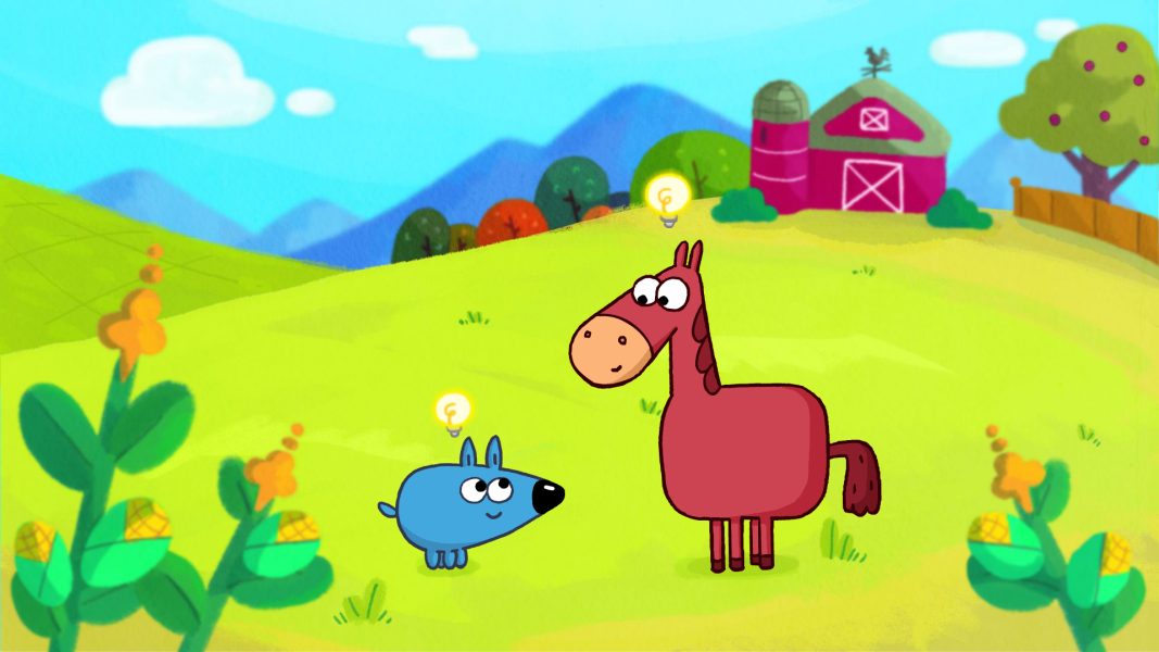 A cartoon blue dog and a brown horse stand in a colorful farmyard with lightbulbs above their heads. There are green hills, a red barn, trees, corn plants, and an apple tree in the background.