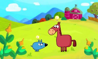 A cartoon blue dog and a brown horse stand in a colorful farmyard with lightbulbs above their heads. There are green hills, a red barn, trees, corn plants, and an apple tree in the background.