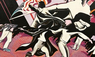 A surreal, colorful painting of faceless figures in dynamic poses, with swirling black fabric, an American flag, a school bus, and floating heads set against a geometric, red-toned background.
