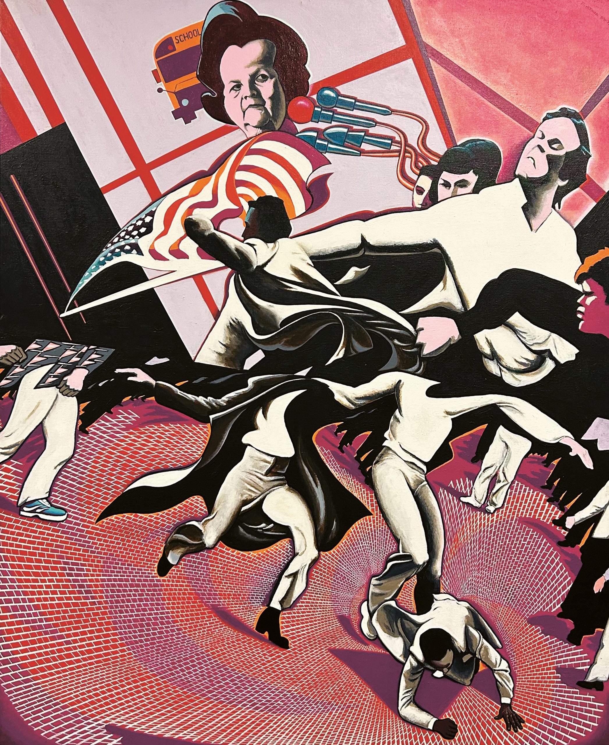A surreal, colorful painting of faceless figures in dynamic poses, with swirling black fabric, an American flag, a school bus, and floating heads set against a geometric, red-toned background.