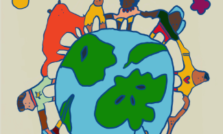 Illustration of diverse people and animals holding hands around a globe, with a banner reading “THE CURRENT: US.” There are icons and stars in the background, creating a sense of unity and community.