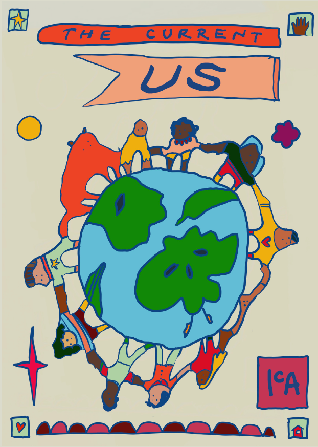 Illustration of diverse people and animals holding hands around a globe, with a banner reading “THE CURRENT: US.” There are icons and stars in the background, creating a sense of unity and community.