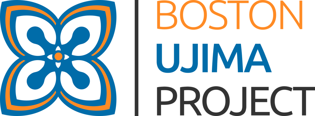 Logo with a blue and orange abstract flower on the left and the words BOSTON UJIMA PROJECT in orange, blue, and black text on the right.