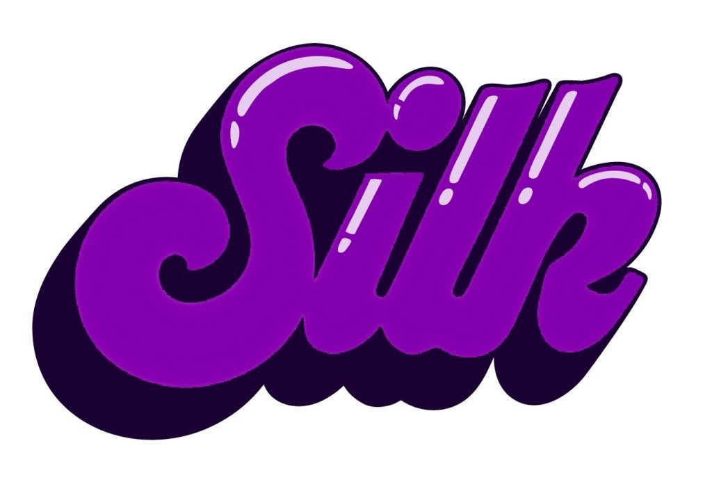 The word Silk is written in bold, glossy, purple cursive letters with a dark purple shadow, set against a white background.