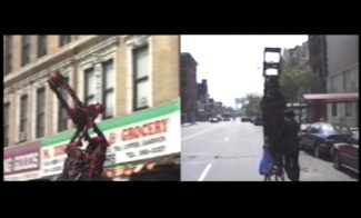 Side-by-side images show a person wearing a tall, elaborate costume walking on a city street. The left image is in front of a grocery store, while the right image is on a quiet street with buildings in the background.