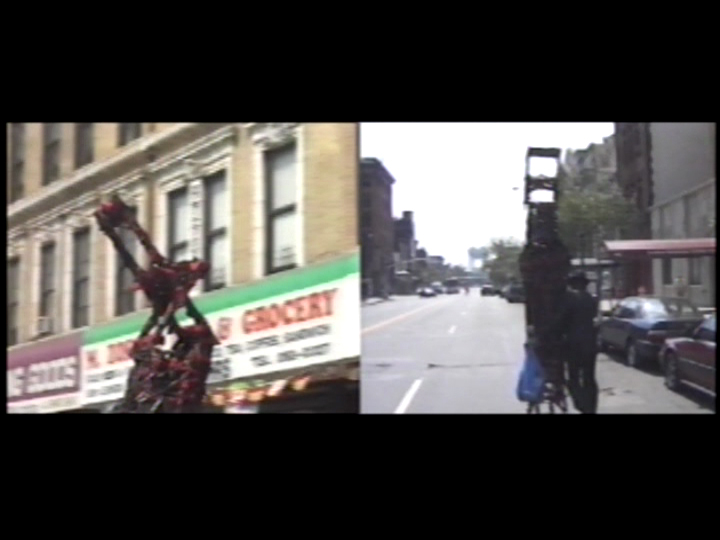 Side-by-side images show a person wearing a tall, elaborate costume walking on a city street. The left image is in front of a grocery store, while the right image is on a quiet street with buildings in the background.