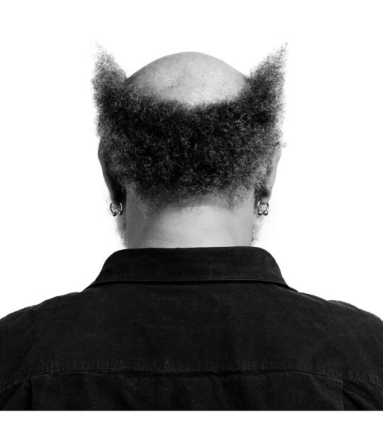 A person with a bald head is seen from behind, with thick curly hair left only on the sides and lower back of the head, shaped to point upwards like horns. The person is wearing a dark shirt and hoop earrings.
