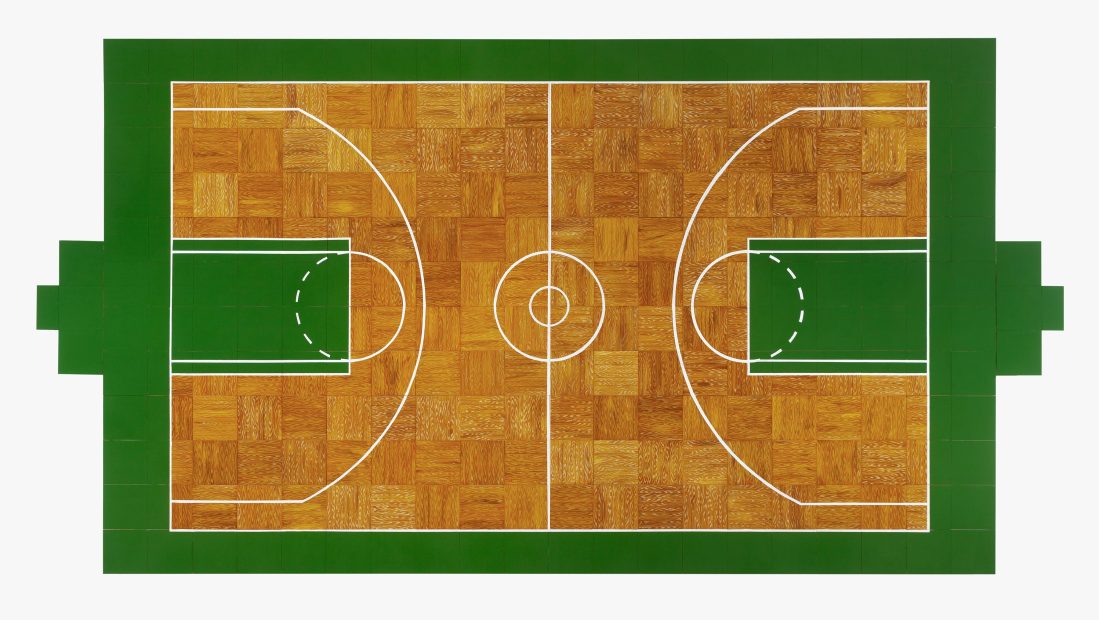 A top-down view of a basketball court with a wooden floor, green outer sections, and white lines marking the boundaries, key areas, center circle, and three-point lines.