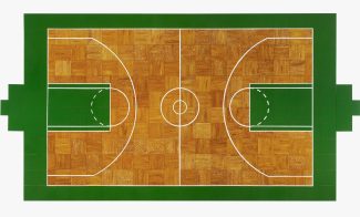 A top-down view of a basketball court with a wooden floor, green outer sections, and white lines marking the boundaries, key areas, center circle, and three-point lines.
