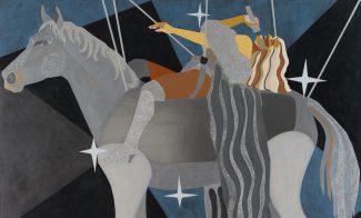 A stylized painting of a gray horse with two abstract, glittery human figures riding it. The background features geometric patterns and white star shapes, giving the scene a surreal, theatrical feel.