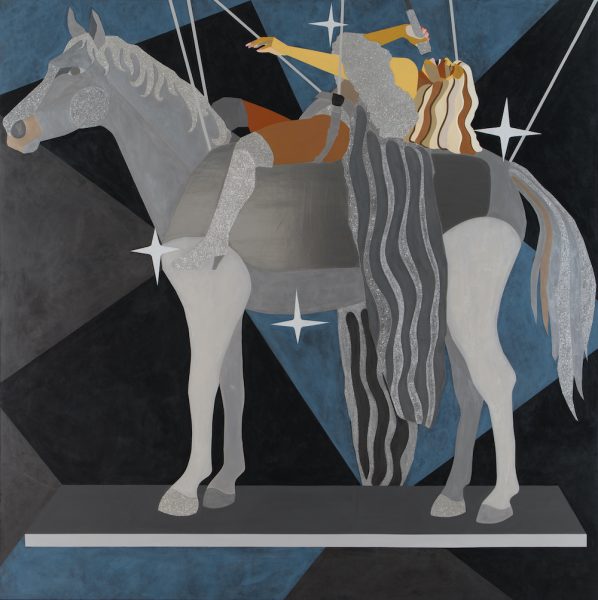 A stylized painting of a gray horse with two abstract, glittery human figures riding it. The background features geometric patterns and white star shapes, giving the scene a surreal, theatrical feel.