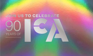 Silver text on a rainbow iridescent background reads: Join us to celebrate 90 years of ICA, with ICA in large stylized letters.