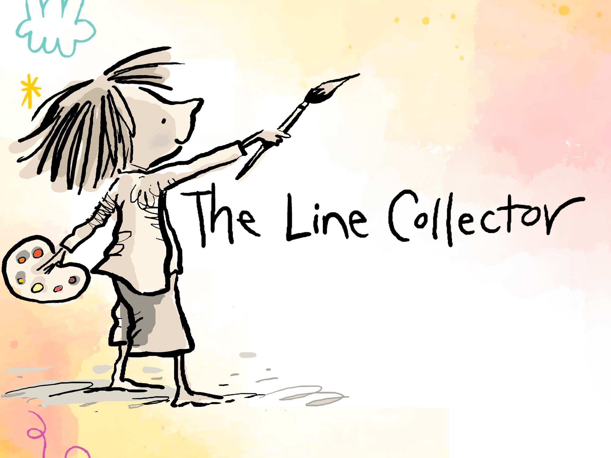 A child with messy hair holds a paint palette and lifts a paintbrush, painting the words The Line Collector on a pastel-colored background
