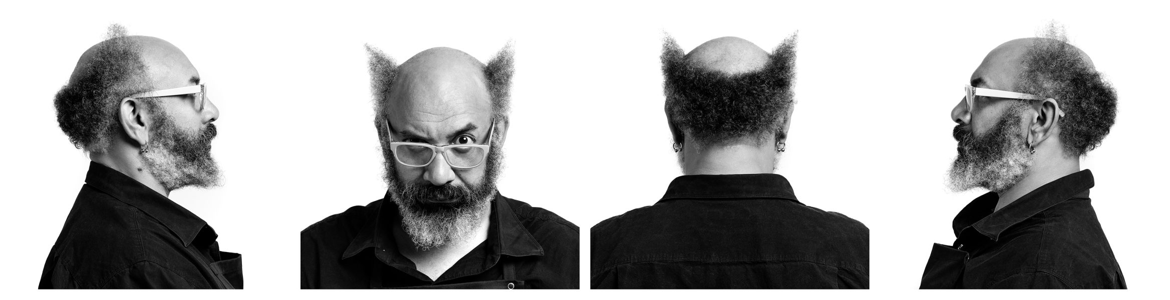 A man with a unique hairstyle, featuring balding on top and thick hair on the sides, is shown in four black-and-white portraits: left profile, front, back, and right profile, wearing glasses and a dark shirt.