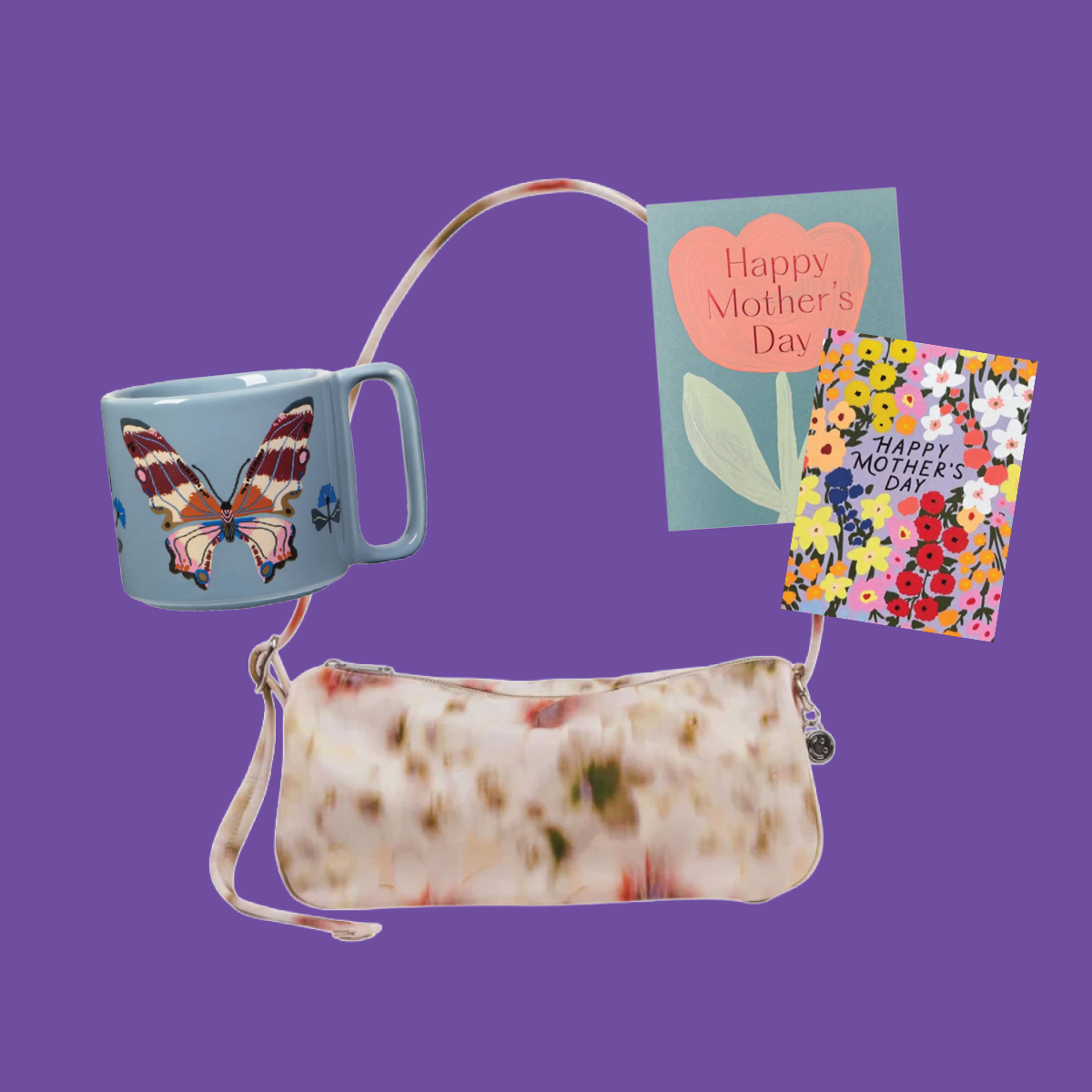 A light blue butterfly mug, a floral-patterned purse, and two colorful Mother’s Day cards are arranged against a purple background—perfect gifts to celebrate ICA Boston Mother's Day.