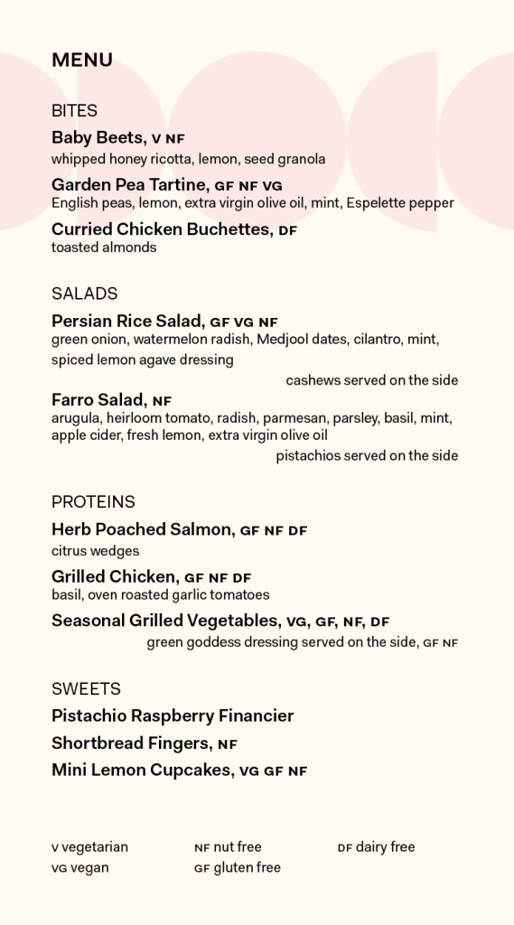 A restaurant menu divided into sections: Bites, Salads, Proteins, and Sweets, with vegetarian, nut-free, dairy-free, and gluten-free options clearly labeled next to each dish.