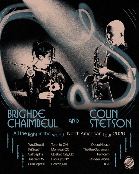 A promotional poster for Brìghde Chaimbeul and Colin Stetson’s North American tour 2026. Both musicians are shown playing instruments, with tour dates and locations listed below in blue and white text on a dark background.