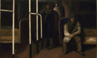 A dark, moody painting of several figures in a subway car. One person sits on a bench in the foreground, while three others stand or face away in the background, all surrounded by metal poles and wooden seats.