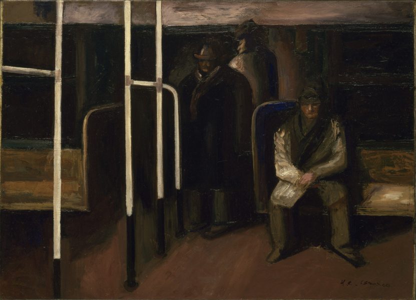 A dark, moody painting of several figures in a subway car. One person sits on a bench in the foreground, while three others stand or face away in the background, all surrounded by metal poles and wooden seats.