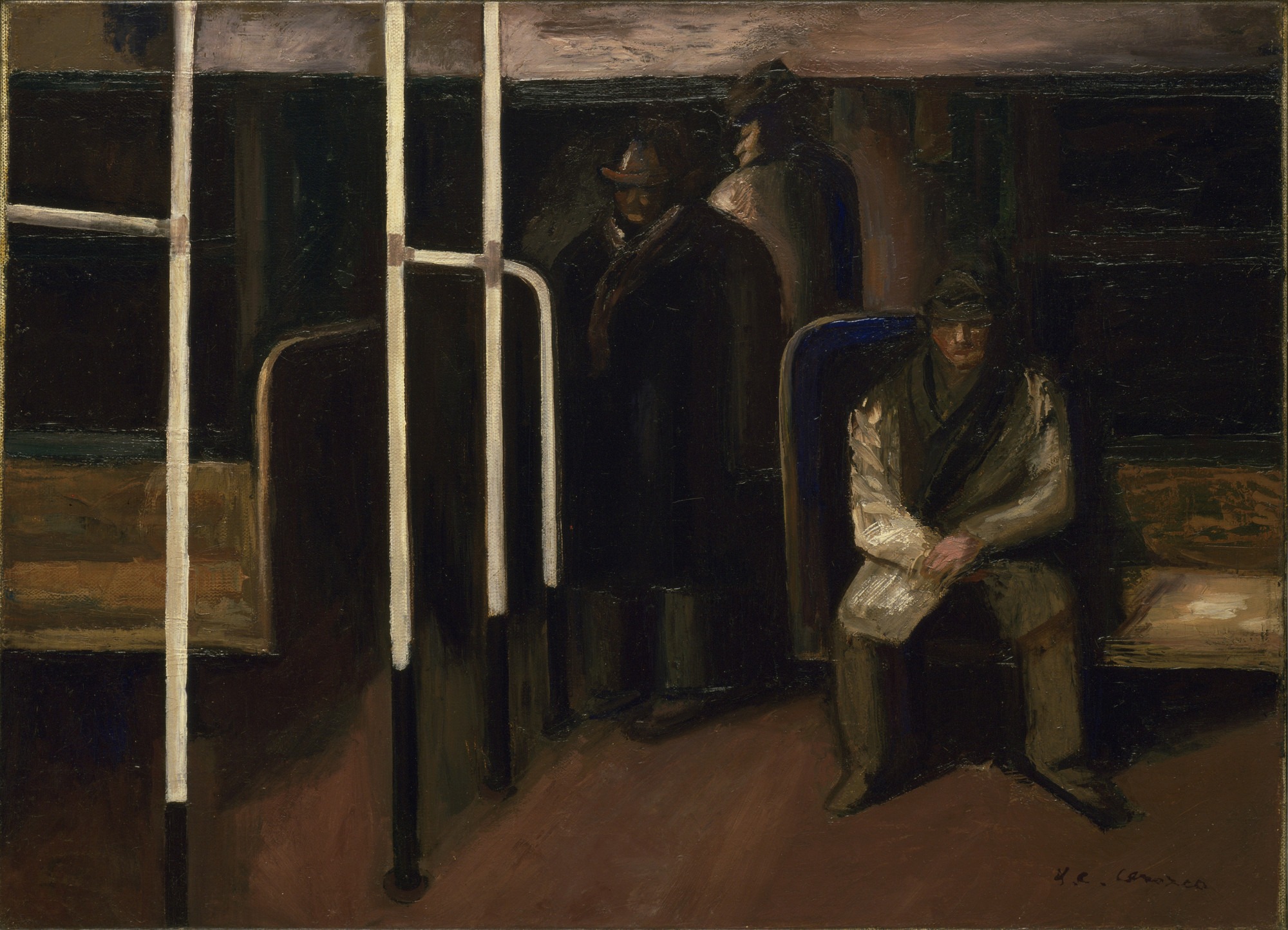 A dark, moody painting of several figures in a subway car. One person sits on a bench in the foreground, while three others stand or face away in the background, all surrounded by metal poles and wooden seats.