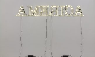 A neon sign spells AMERICA in all capital letters, but the text is displayed backwards against a plain white wall with cords hanging down to three black boxes on the floor.