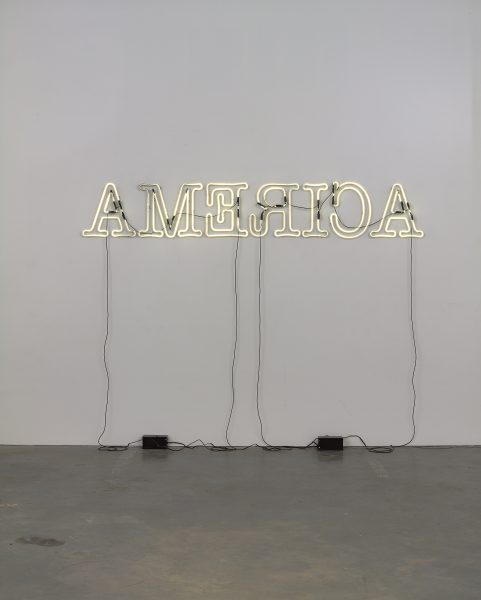 A neon sign spells AMERICA in all capital letters, but the text is displayed backwards against a plain white wall with cords hanging down to three black boxes on the floor.
