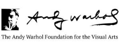 Black and white logo for The Andy Warhol Foundation for the Visual Arts, featuring a portrait of a man on the left and Andy Warhol in stylized script above the foundation’s name in printed text.