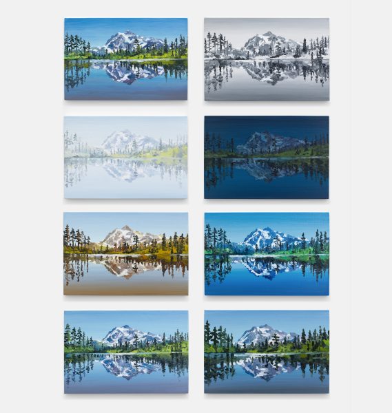Eight paintings of a mountain and trees reflected in a lake, each with different color schemes or lighting, arranged in two columns and four rows on a white background.