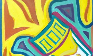Painting of a glass of orange juice with wavy yellow, blue, and orange lines. Center features a tilted yellow rectangular glass with blue borders and small rectangular shapes inside. Fluid shapes and bold colors create a dynamic, energetic composition.