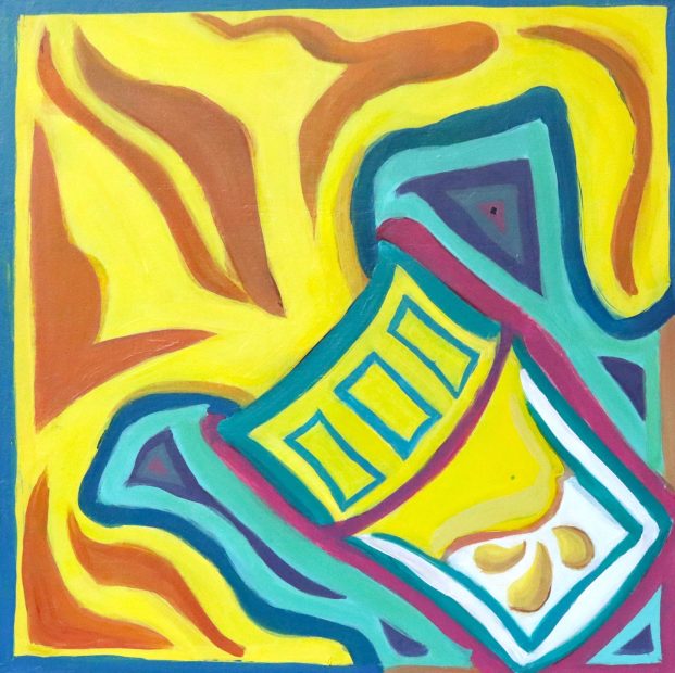 Painting of a glass of orange juice with wavy yellow, blue, and orange lines. Center features a tilted yellow rectangular glass with blue borders and small rectangular shapes inside. Fluid shapes and bold colors create a dynamic, energetic composition.