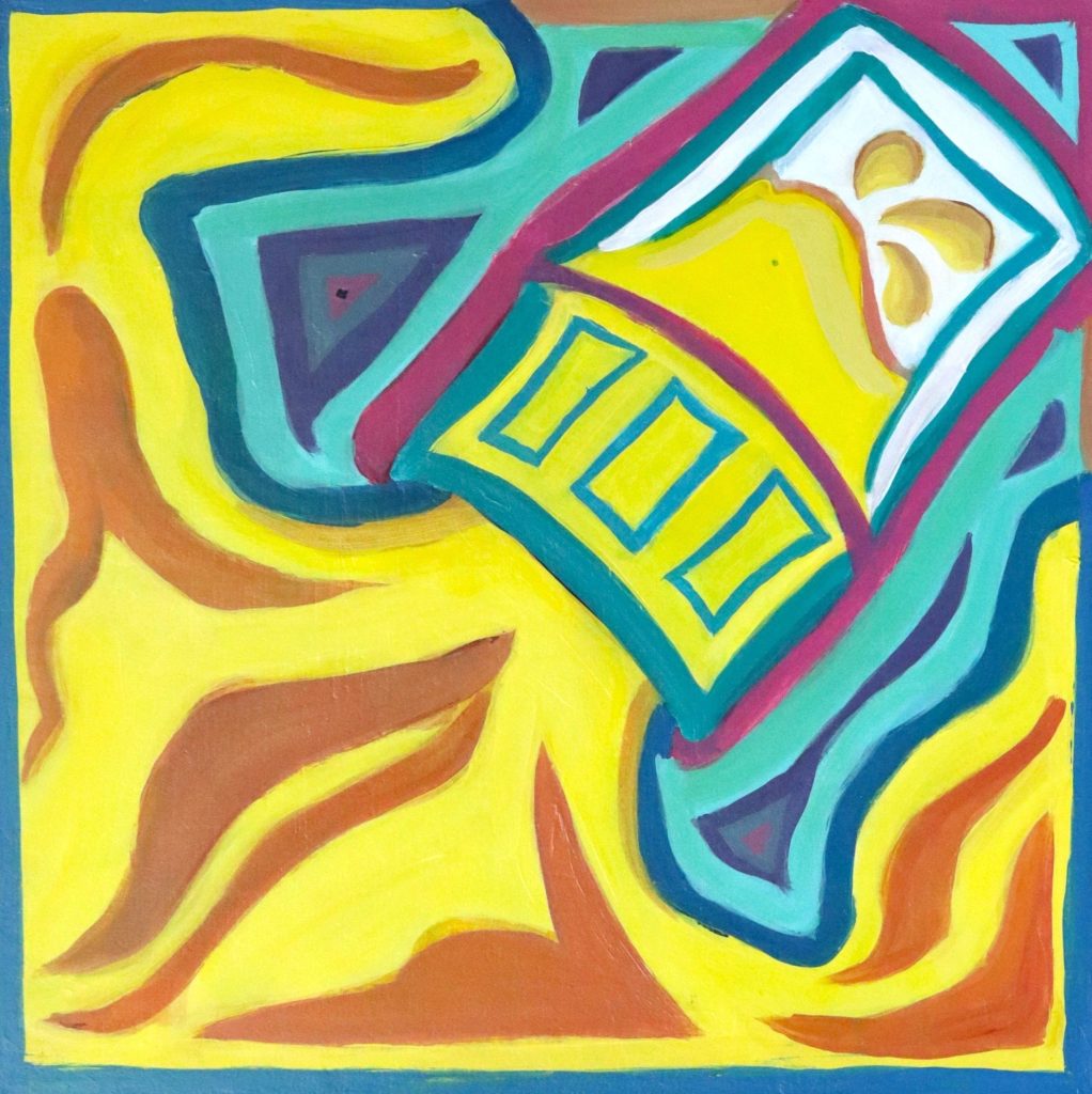 Painting of a glass of orange juice with wavy yellow, blue, and orange lines. Center features a tilted yellow rectangular glass with blue borders and small rectangular shapes inside. Fluid shapes and bold colors create a dynamic, energetic composition.