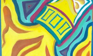 Painting of a glass of orange juice with wavy yellow, blue, and orange lines. Center features a tilted yellow rectangular glass with blue borders and small rectangular shapes inside. Fluid shapes and bold colors create a dynamic, energetic composition.