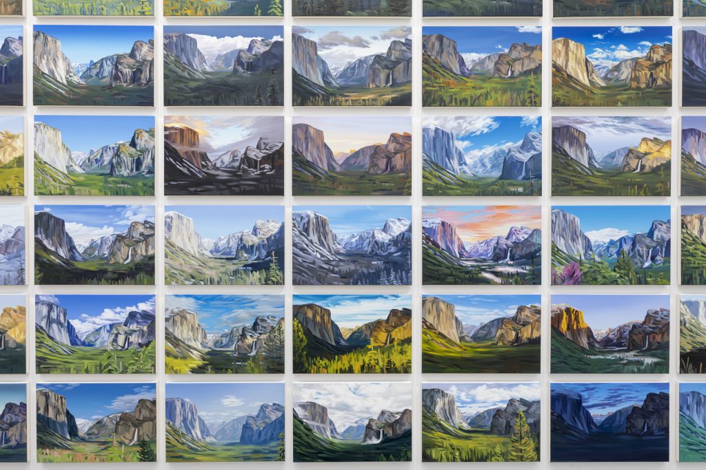 A grid of landscape paintings depicts the same mountainous valley scene in various styles, colors, and lighting, illustrating changes in seasons and times of day.