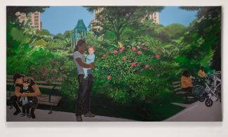 A painting of a park with lush greenery, people sitting on benches, a person holding a child near pink flowers, and tall buildings visible in the background.