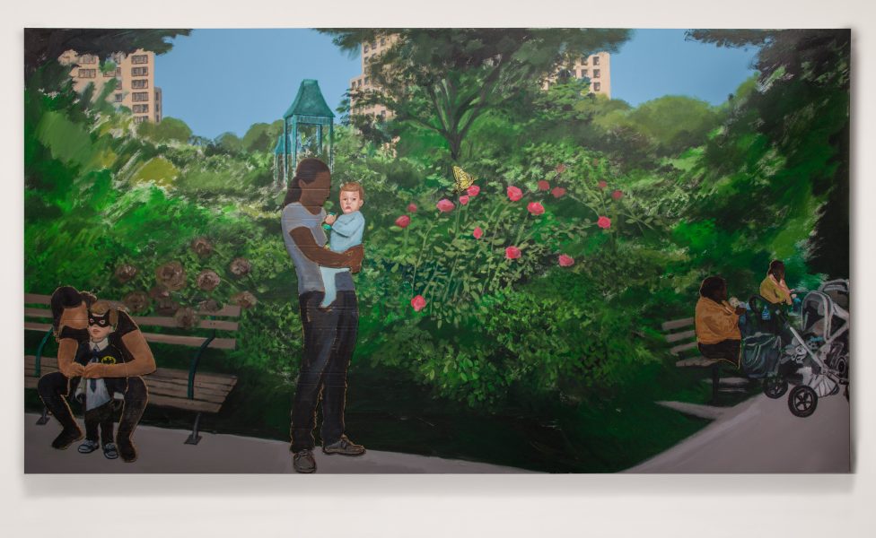 A painting of a park with lush greenery, people sitting on benches, a person holding a child near pink flowers, and tall buildings visible in the background.