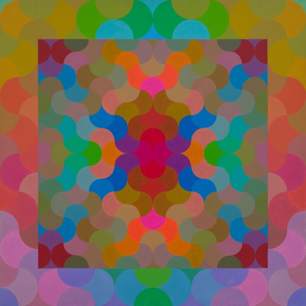 Colorful abstract geometric pattern with overlapping circles and curved shapes, creating a symmetrical, vibrant mosaic with red, blue, green, yellow, and purple hues blending across the image.