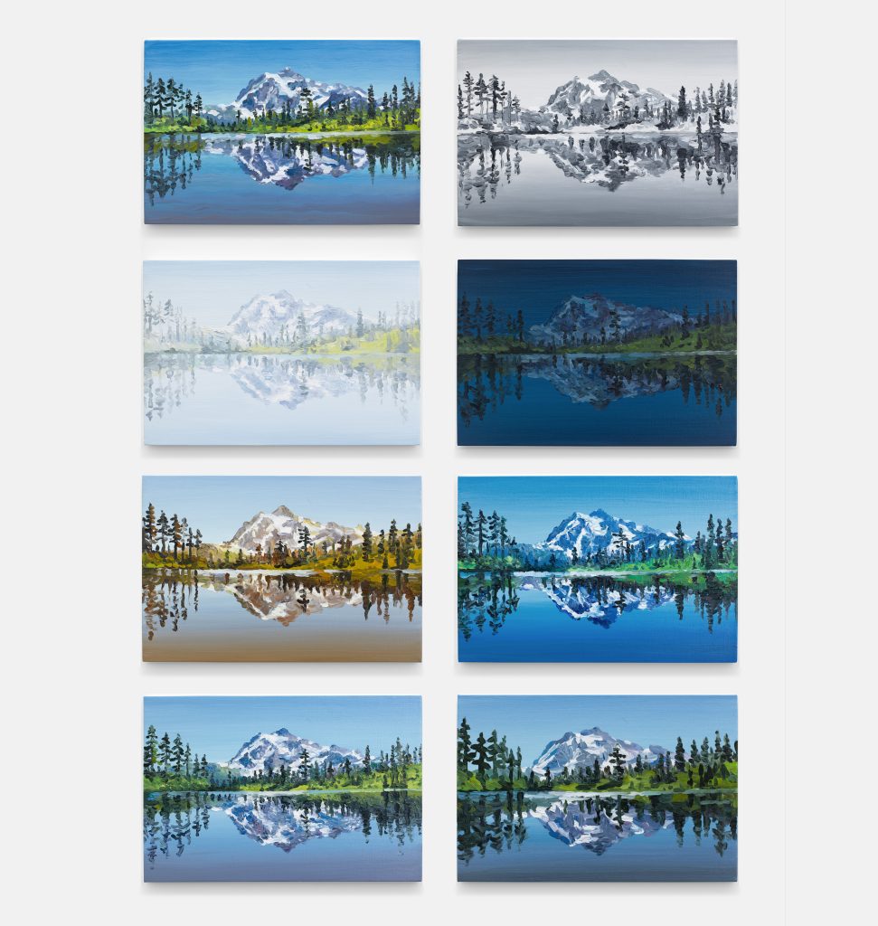 Eight landscape paintings show a mountain reflected in a lake, each with different color palettes and atmospheres, arranged in two columns of four images each.