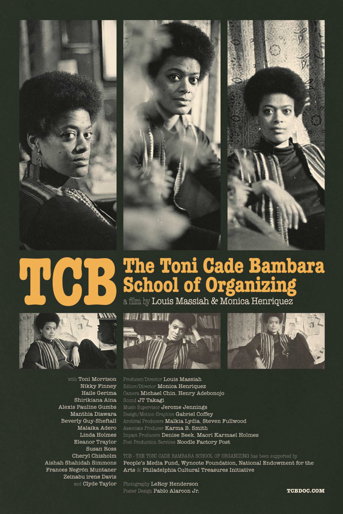 Poster for The Toni Cade Bambara School of Organizing, featuring three black-and-white photos of Toni Cade Bambara, film credits, and a yellow, bolded title on a green background.