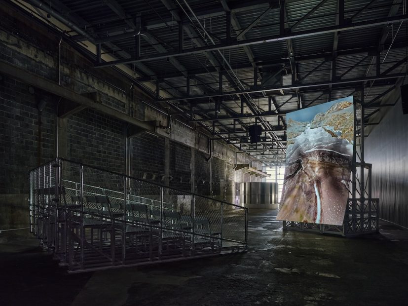 A large photograph of a rocky shoreline and waves is displayed on a screen in a dark, industrial space with metal bleachers and exposed beams.