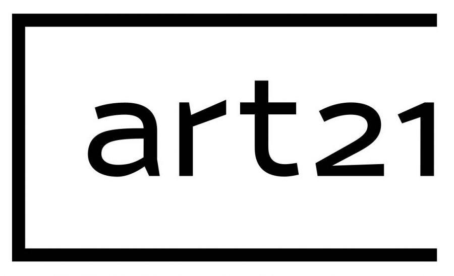 Black text art21 in a modern font is centered on a white background, partially enclosed by a thick black rectangular border with open corners on the top right and bottom left, evoking the creative spirit of an art21 educator workshop.