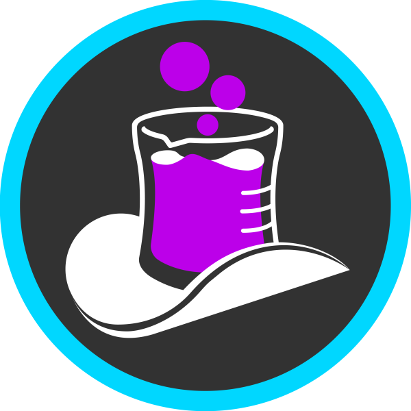 A stylized icon of a purple liquid in a beaker, sitting on a white magician's hat, all on a dark circle with a bright blue border—perfectly capturing the quirky spirit of the ICA Halloween Party.