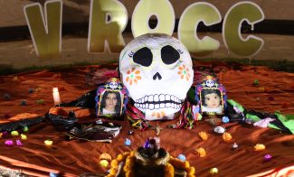 A Day of the Dead altar with a large skull, candles, marigold flowers, two framed photos, and the letters V ROCC displayed in the background creates a vibrant tribute reminiscent of dia de muertos Boston celebrations.