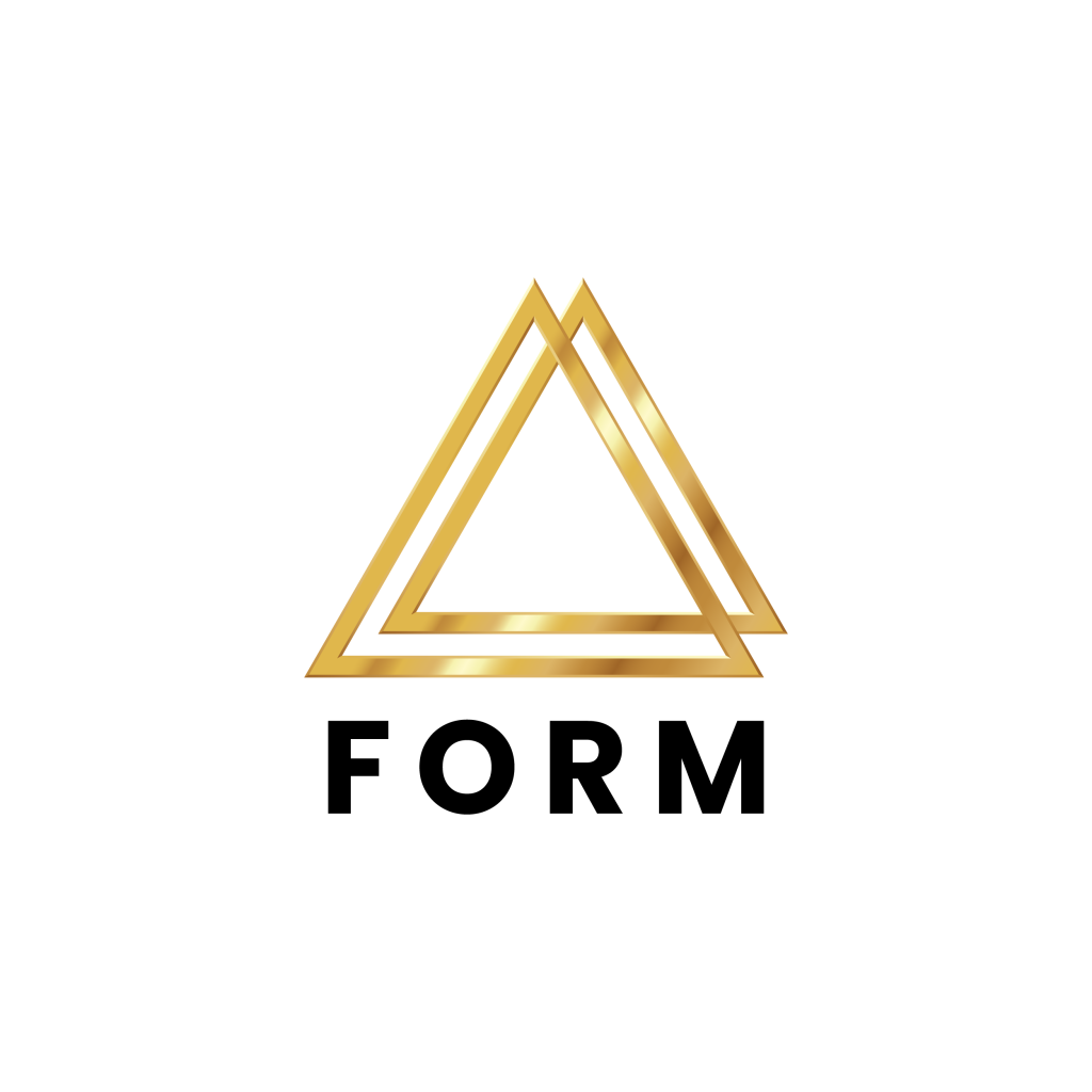 Two overlapping golden triangles above the word FORM in bold black letters on a light grey background.