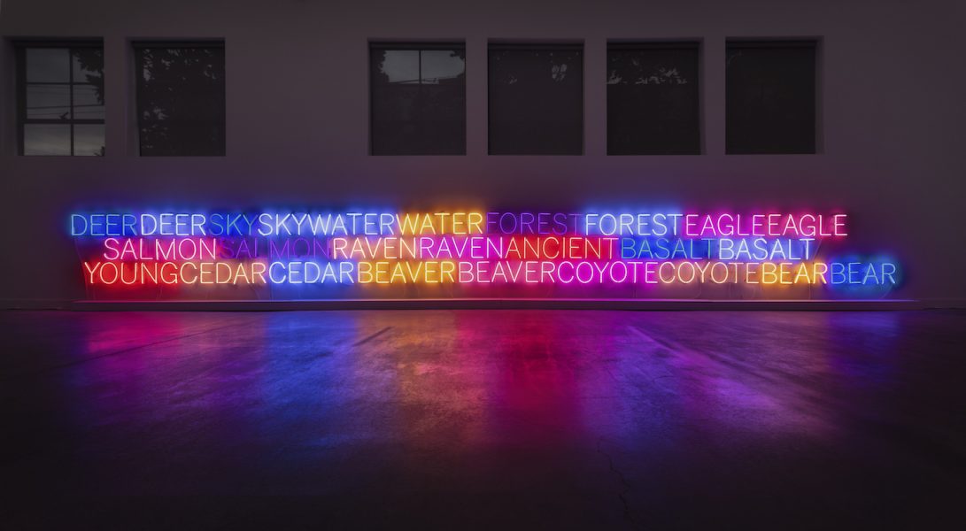 Neon lights in various colors spell out words like DEER, SKY, WATER, FOREST, EAGLE, SALMON, RAVEN, BASALT, CEDAR, BEAVER, COYOTE, and BEAR on a wall in a dark room, reflecting on the shiny floor.