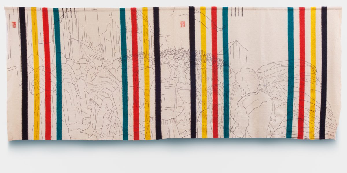 A textile artwork with outlined figures and scenes, overlaid by vertical stripes in black, yellow, red, and teal on a cream background. Subtle red stamps are visible in two corners.