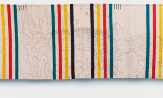 A textile artwork with outlined figures and scenes, overlaid by vertical stripes in black, yellow, red, and teal on a cream background. Subtle red stamps are visible in two corners.