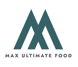 A teal M shaped logo above the words MAX ULTIMATE FOOD in gray, all on a light gray background.