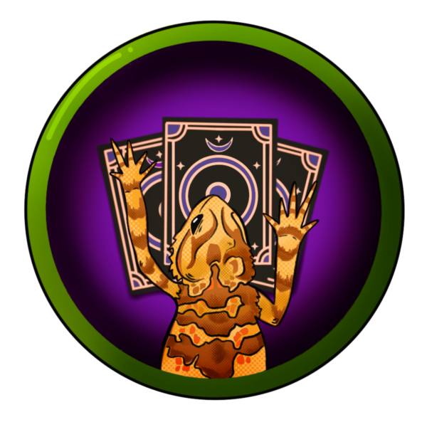 A lizard with raised front legs faces three mystical tarot cards on a purple and green circular background, summoning the enchanting spirit of an ICA Halloween Party.