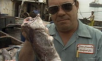 A man in sunglasses holds a large fish on a dock, wearing a blue shirt with a name patch that reads Steve Connolly Seafood Co. Boats and seafood are visible in the background.