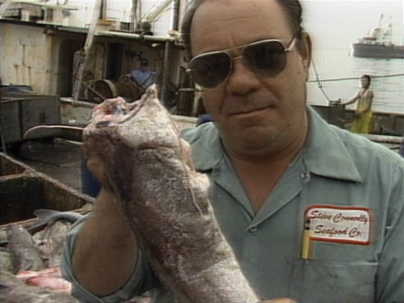 A man in sunglasses and a work shirt labeled Steve Connolly Seafood Co. holds a large fish on a fishing boat, with other fish and ships visible in the background—a scene reminiscent of the documentary style often found in exhibitions like Joan Logue at ICA Boston.